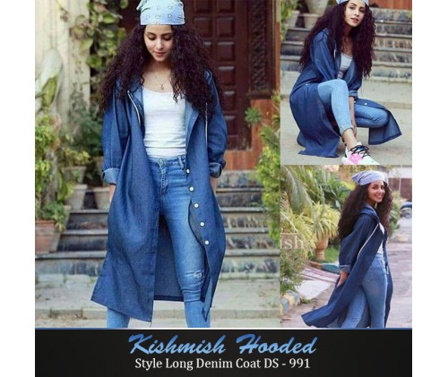 Kishmish Hooded Style Long Denim Coat DS - 991